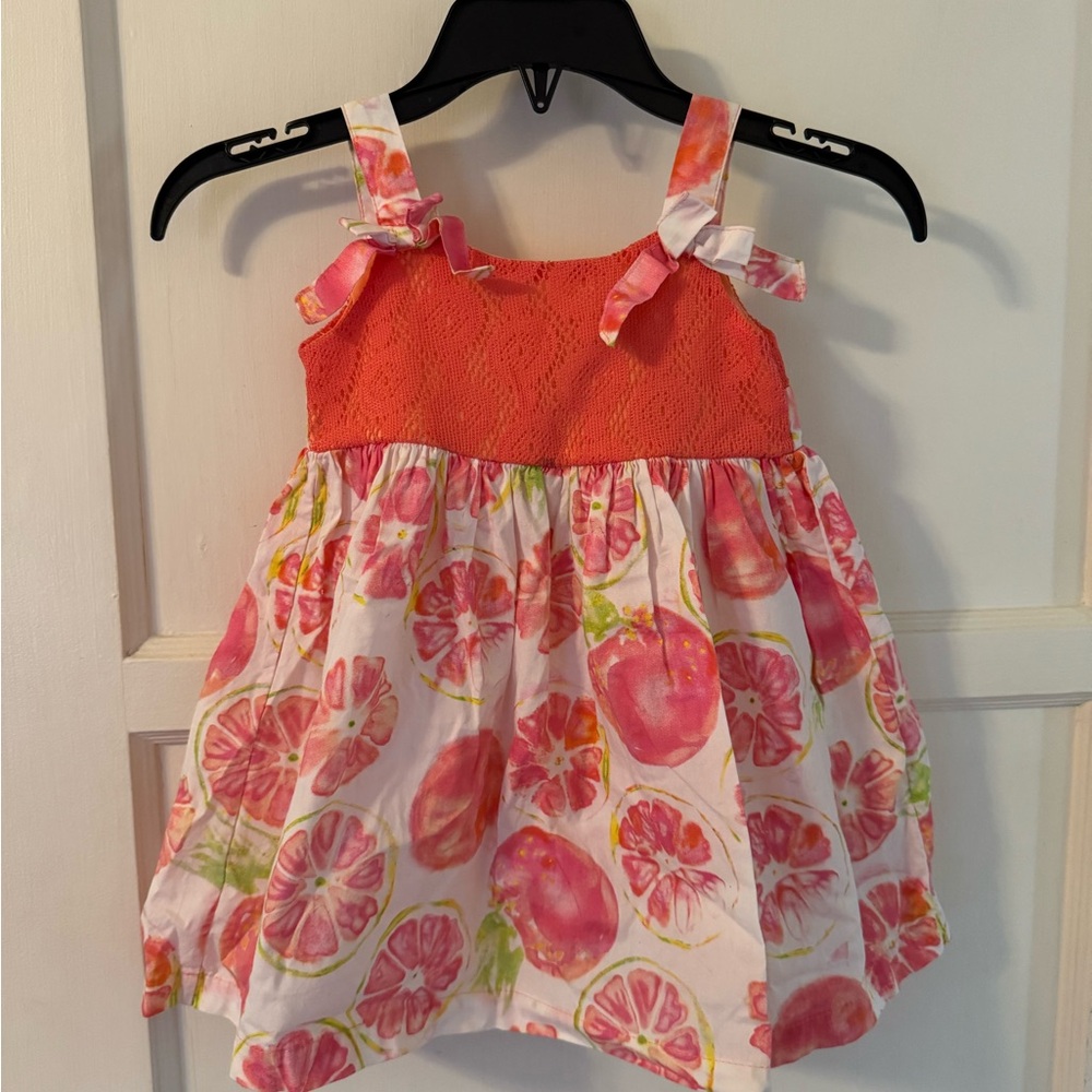 BlueBeri boulevard  Pink and Coral Citrus Print Sundress with Coral Lace Bodice